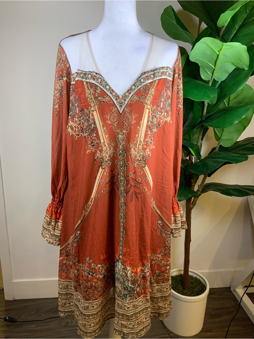 Boho Embroidered Rust Cold-Shoulder Dress